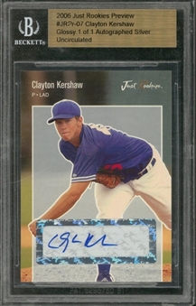 2006 Just Rookies Preview #7 Clayton Kershaw Silver Signed Rookie Card (#1/1) – BGS Uncirculated